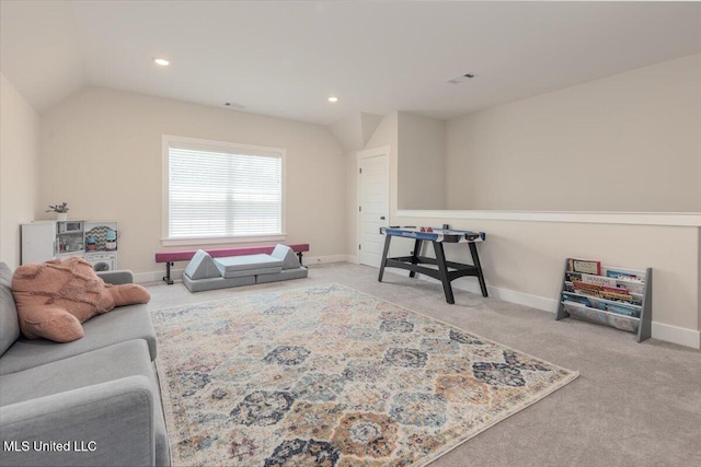 13604 Live Oak Loop, Olive Branch, MS 38654 - living room with lofted ceiling, baseboards, carpet, and recessed lighting
