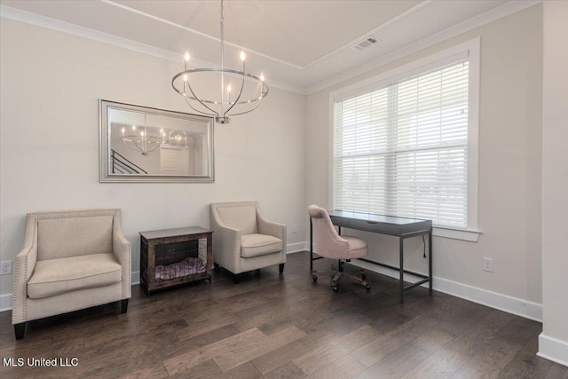 13604 Live Oak Loop, Olive Branch, MS 38654 - office area featuring a chandelier, wood finished floors, baseboards, and ornamental molding