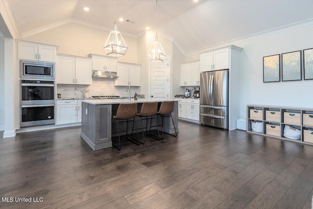 13604 Live Oak Loop, Olive Branch, MS 38654 - kitchen featuring appliances with stainless steel finishes, under cabinet range hood, lofted ceiling, a chandelier, and white cabinetry