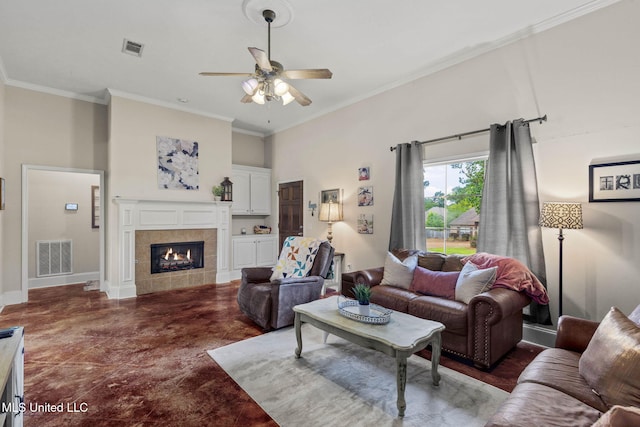 115 Deer Creek Cv, Madison, MS 39110 - living room featuring ceiling fan, a fireplace, crown molding, baseboards, and concrete flooring