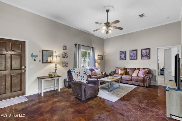 115 Deer Creek Cv, Madison, MS 39110 - living room featuring a ceiling fan, crown molding, and baseboards
