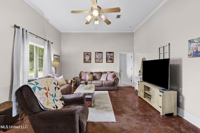 115 Deer Creek Cv, Madison, MS 39110 - living room with crown molding, a ceiling fan, concrete floors, and baseboards