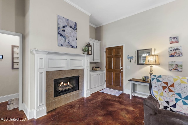 115 Deer Creek Cv, Madison, MS 39110 - living area with a tiled fireplace, crown molding, baseboards, and concrete floors