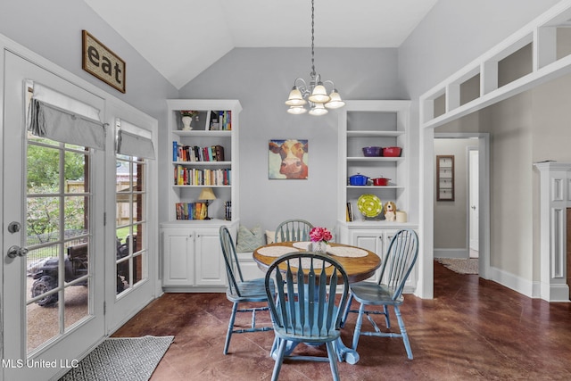 115 Deer Creek Cv, Madison, MS 39110 - dining space featuring a chandelier, lofted ceiling, finished concrete flooring, and built in features
