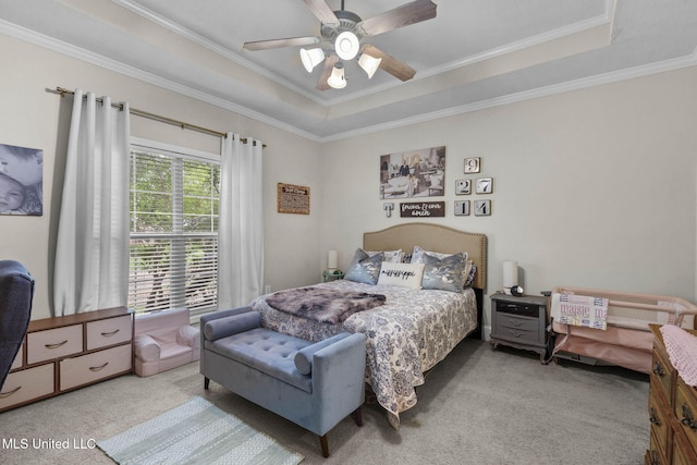 115 Deer Creek Cv, Madison, MS 39110 - bedroom with carpet flooring, a tray ceiling, crown molding, and a ceiling fan