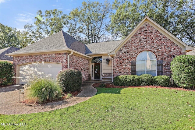 view of front of property featuring a garage and a front lawn