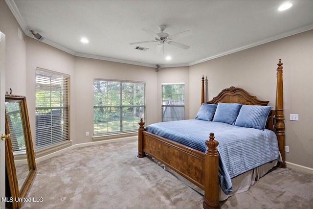 412 Dunlin Ct, Brandon, MS 39047 - bedroom featuring light carpet, multiple windows, baseboards, crown molding, and recessed lighting
