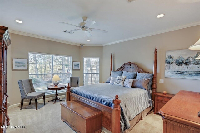 bedroom with ceiling fan, light colored carpet, crown molding, and multiple windows