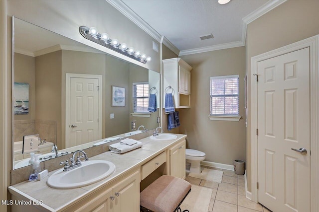 bathroom featuring vanity, tile patterned floors, crown molding, toilet, and a textured ceiling