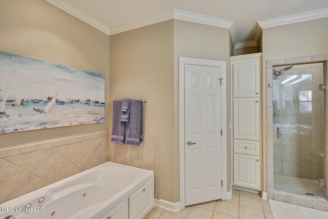 bathroom with tile patterned flooring, plus walk in shower, and ornamental molding