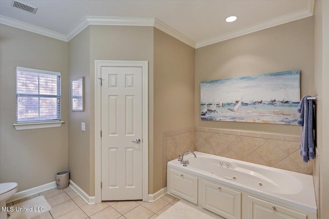 bathroom with tile patterned flooring, a relaxing tiled tub, and crown molding