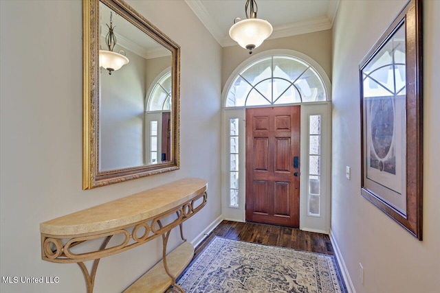 foyer featuring dark hardwood / wood-style flooring and crown molding