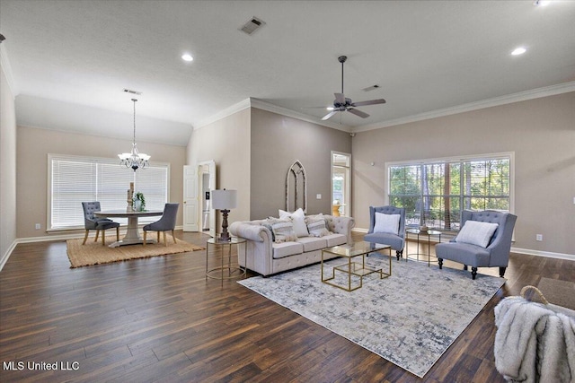 412 Dunlin Ct, Brandon, MS 39047 - living area featuring crown molding, a chandelier, baseboards, dark wood-style flooring, and recessed lighting