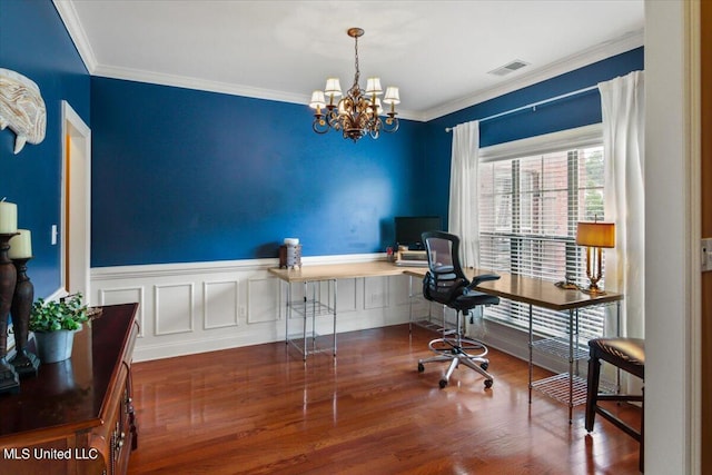 office with ornamental molding, a notable chandelier, and dark hardwood / wood-style floors