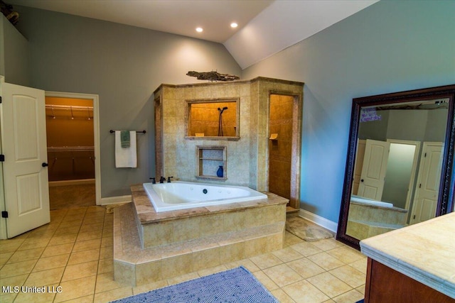 bathroom with high vaulted ceiling, separate shower and tub, and tile patterned flooring