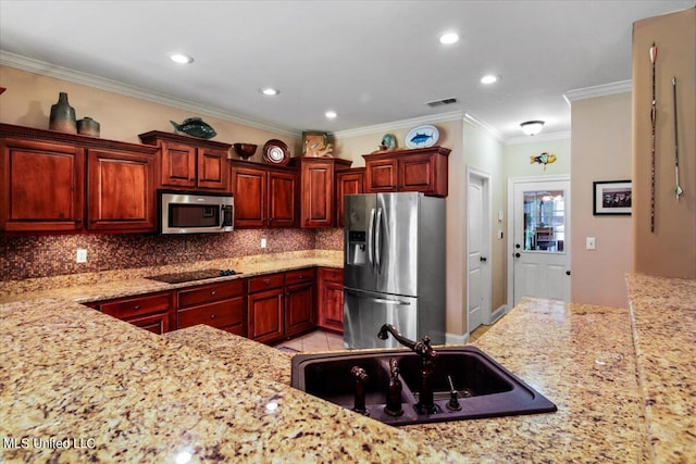 kitchen with stainless steel appliances, ornamental molding, sink, and decorative backsplash