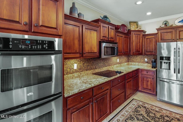 kitchen featuring decorative backsplash, stainless steel appliances, crown molding, light tile patterned flooring, and light stone counters