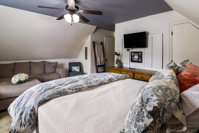 bedroom with ceiling fan and lofted ceiling