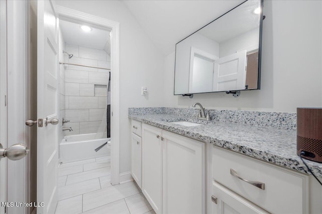 bathroom featuring baseboards, vanity, tile patterned flooring, and shower / bathtub combination with curtain