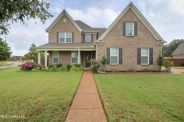 view of front facade with a front lawn, a shingled roof, and brick siding