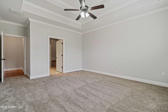 unfurnished bedroom featuring light carpet, baseboards, visible vents, and ornamental molding