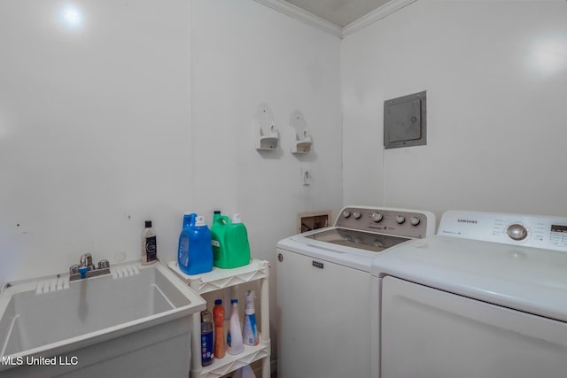 laundry room with a sink, independent washer and dryer, laundry area, and crown molding
