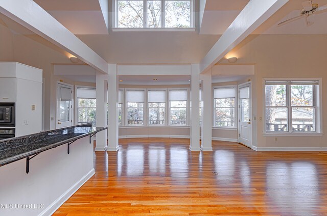 interior space featuring light hardwood / wood-style floors, a high ceiling, and ceiling fan