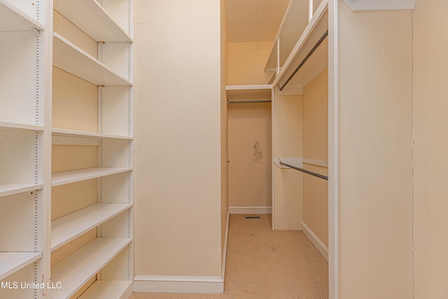 spacious closet featuring light colored carpet