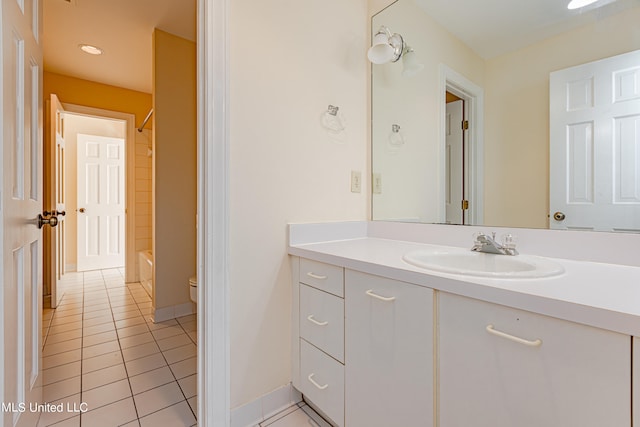 full bathroom with vanity, toilet, tile patterned floors, and shower / bathing tub combination