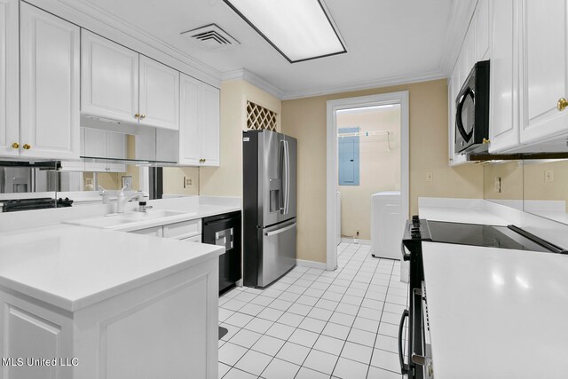 kitchen with dishwasher, stainless steel refrigerator with ice dispenser, sink, range, and white cabinetry