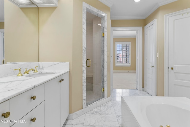 bathroom with vanity, ornamental molding, and independent shower and bath