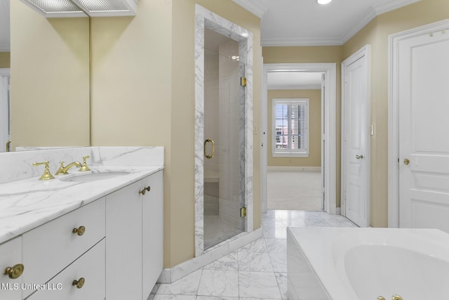 bathroom featuring baseboards, marble finish floor, ornamental molding, a shower stall, and a jetted tub