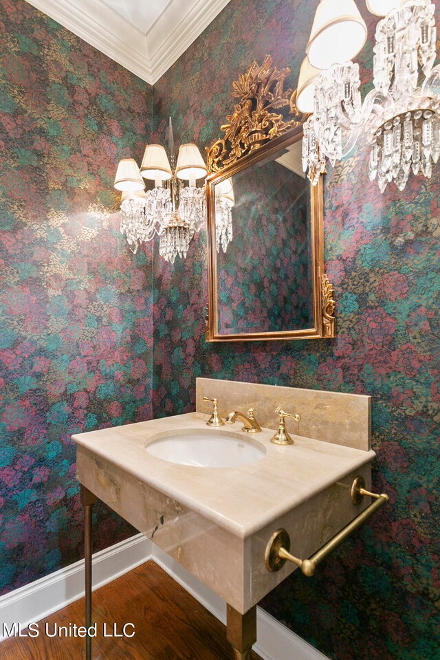 bathroom with crown molding, sink, and hardwood / wood-style floors