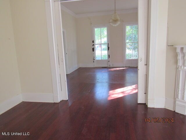 interior space with crown molding, dark hardwood / wood-style flooring, and an inviting chandelier