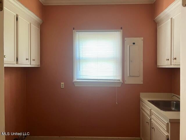 laundry area with sink, electric panel, and ornamental molding