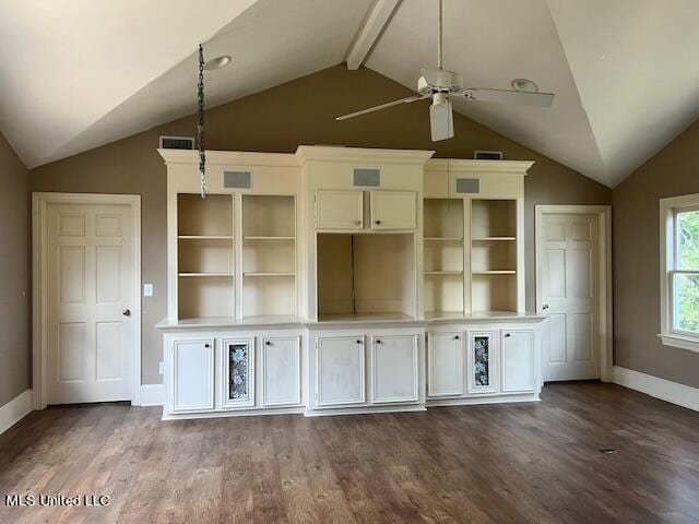 unfurnished living room with ceiling fan, hardwood / wood-style flooring, and lofted ceiling with beams