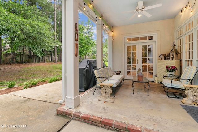 view of patio / terrace with french doors, grilling area, and ceiling fan