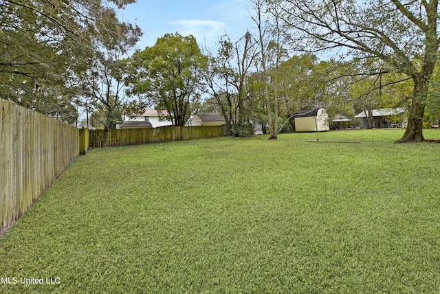 view of yard featuring a fenced backyard, a storage unit, and an outbuilding