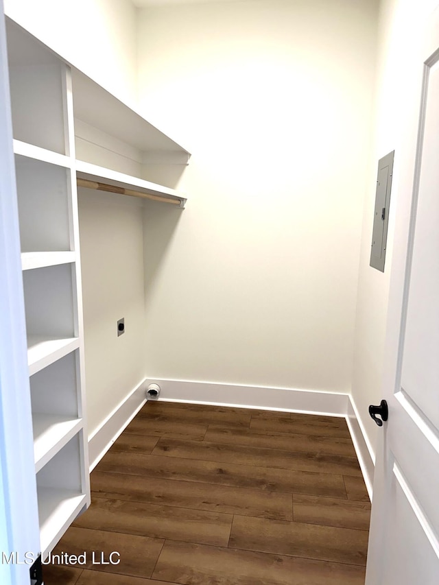 washroom featuring hookup for an electric dryer, electric panel, and dark wood-type flooring