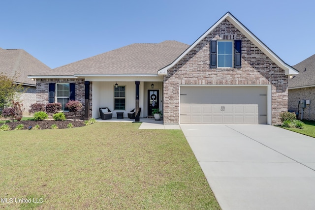 view of front of house with a front yard, brick siding, a shingled roof, concrete driveway, and a porch