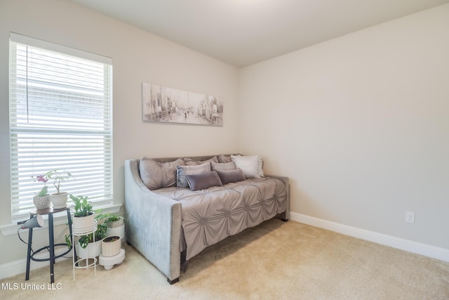 bedroom with carpet flooring, baseboards, and multiple windows