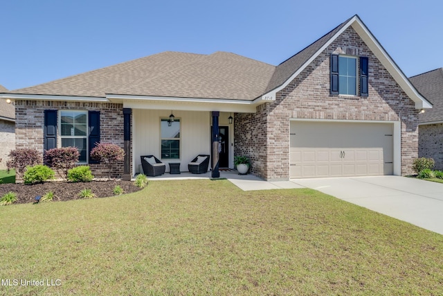 view of front of home with an outdoor living space, a front yard, roof with shingles, brick siding, and concrete driveway
