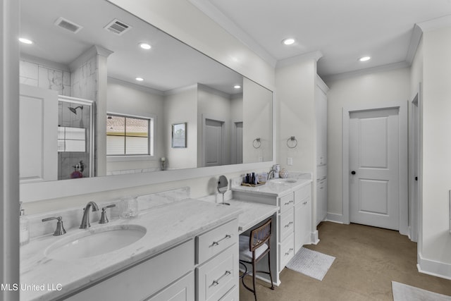 212 Ashbury Cv, Canton, MS 39046 - bathroom featuring vanity, a stall shower, recessed lighting, and visible vents