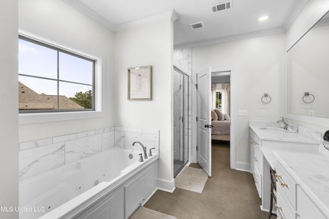 212 Ashbury Cv, Canton, MS 39046 - ensuite bathroom with a tub with jets, visible vents, a shower stall, and vanity