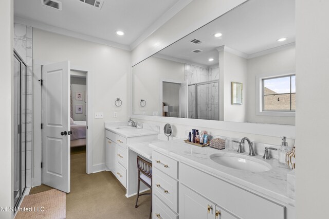 212 Ashbury Cv, Canton, MS 39046 - full bathroom with ornamental molding, a shower stall, recessed lighting, and visible vents
