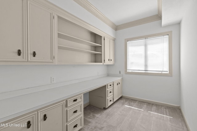316 Meadow Creek Pl, Jackson, MS 39211 - unfurnished office featuring built in desk, baseboards, light carpet, and crown molding