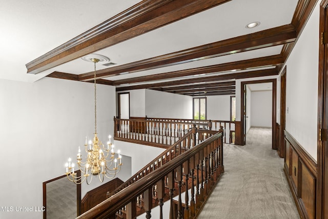 316 Meadow Creek Pl, Jackson, MS 39211 - corridor featuring an upstairs landing, a chandelier, carpet flooring, beamed ceiling, and recessed lighting