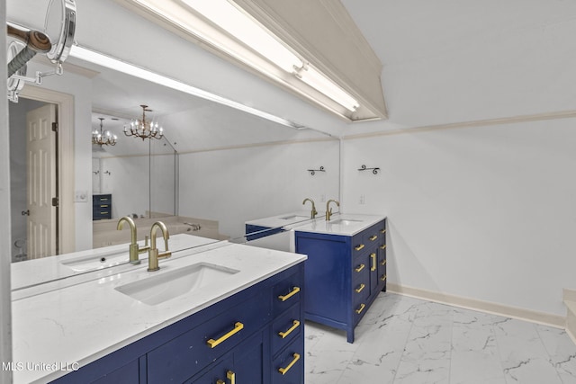 316 Meadow Creek Pl, Jackson, MS 39211 - bathroom with two vanities, marble look tile flooring, a chandelier, and baseboards