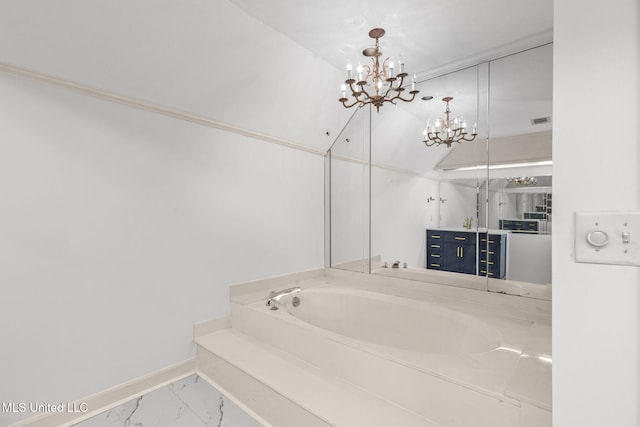 316 Meadow Creek Pl, Jackson, MS 39211 - full bath with a chandelier, a garden tub, marble look tiles, baseboards, and vanity
