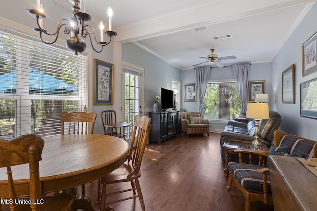 39 Moss Forest Cir, Jackson, MS 39211 - dining space with wood finished floors, visible vents, plenty of natural light, and ceiling fan with notable chandelier